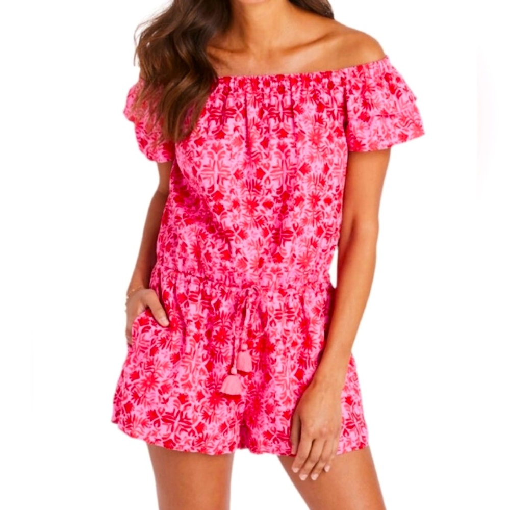 Vineyard Vines vibrant floral Tile Otomi Linen Romper in Pink Wave Size Small